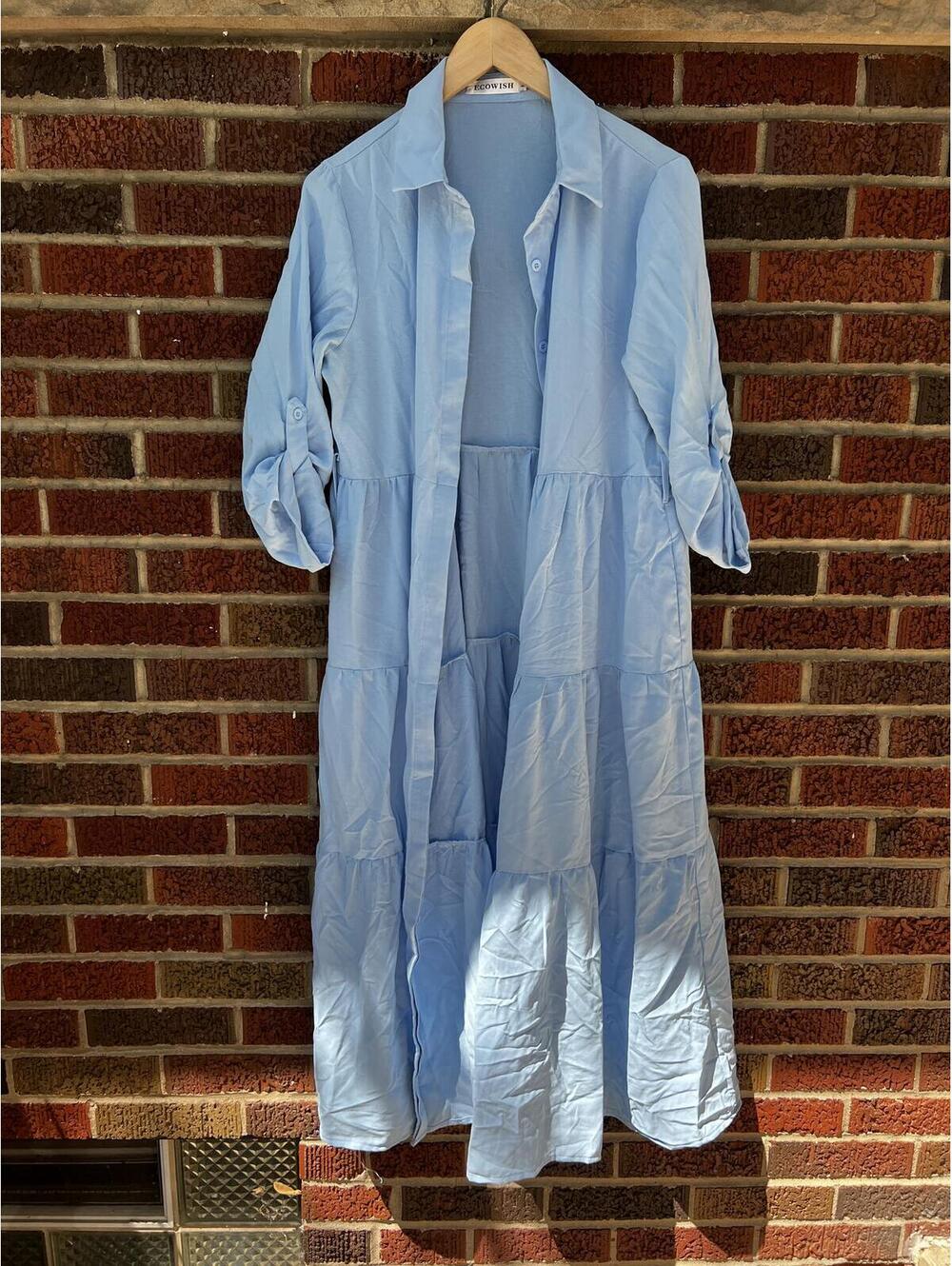 Ecowish Light Blue Collared Button Down Long Sleeve Tiered Maxi Dress